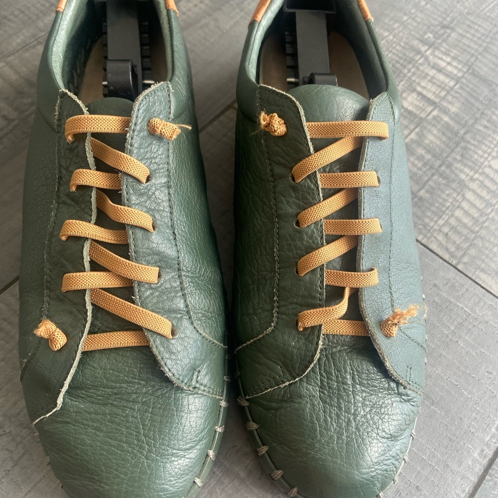 Olive Green Leather Women's Sneakers with Tan Laces